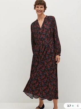 NWT mango Long Sleeve V-Neck Paisley Midi Dress in Black